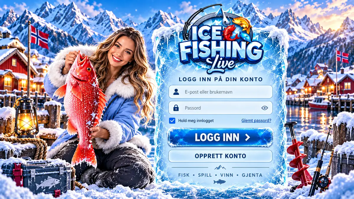 Ice Fishing innlogging med e-post, passord og Logg inn-knapp ved siden av en spiller med rød fisk