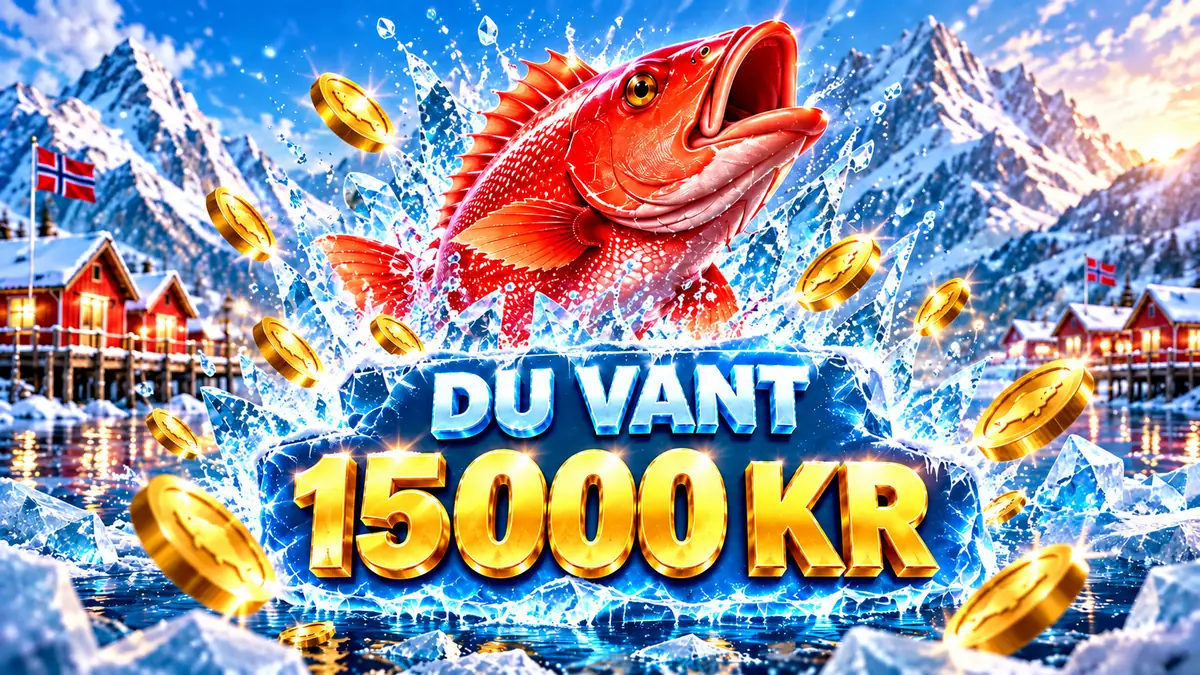 Gevinstbanner «Du vant 15 000 kr» i Ice Fishing med rød fisk og gullmynter