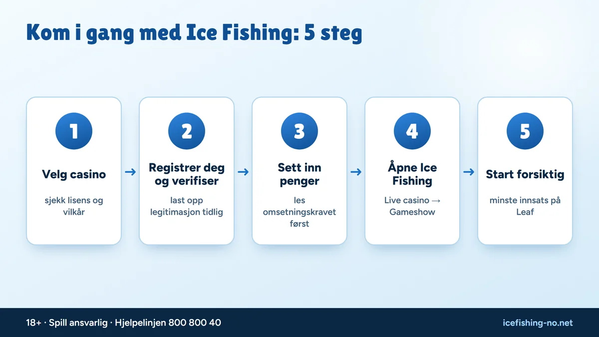 Kom i gang med Ice Fishing i 5 steg: velg casino, registrer deg, sett inn penger, åpne spillet og start forsiktig