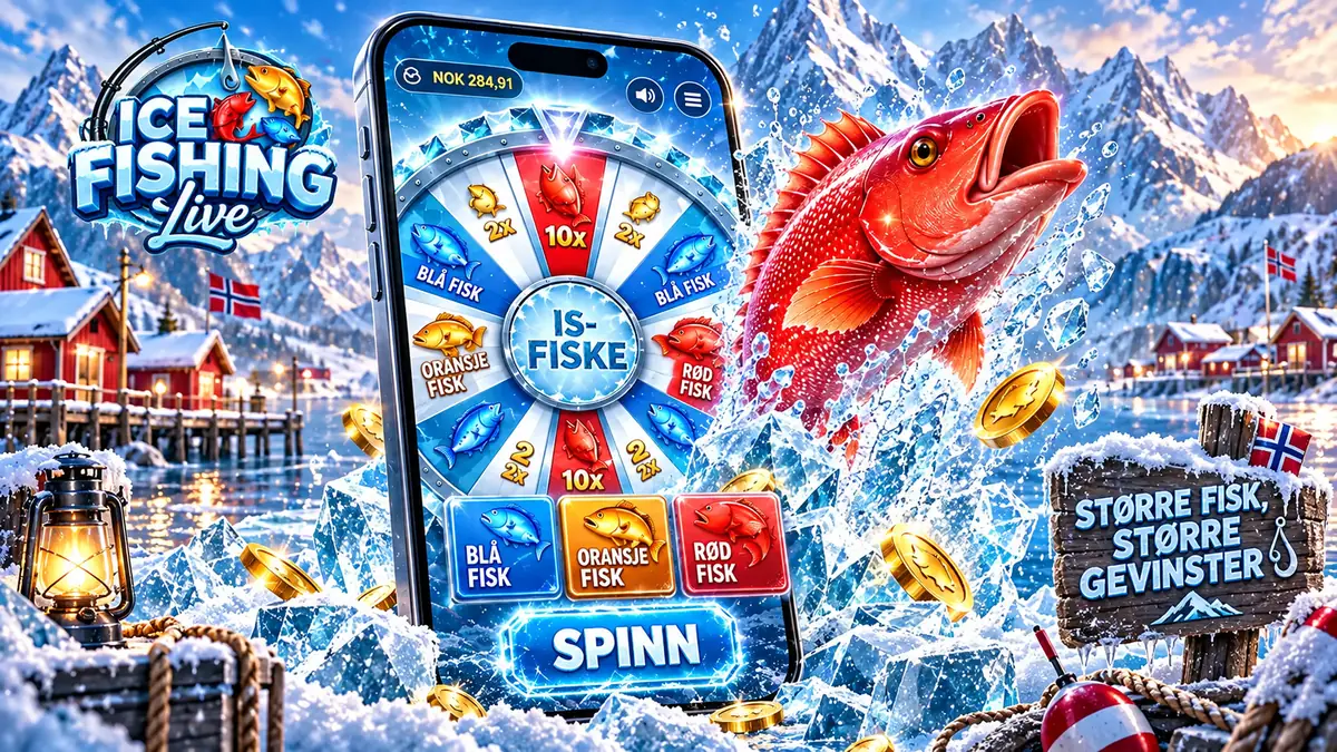 Ice Fishing på mobil: hjul, knapper for blå, oransje og rød fisk og Spinn-knapp