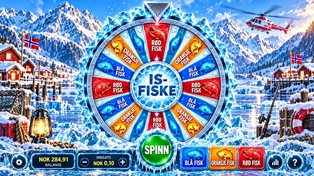 Ice Fishing regler: spillskjerm med hjulet og innsatsknapper for blå, oransje og rød fisk